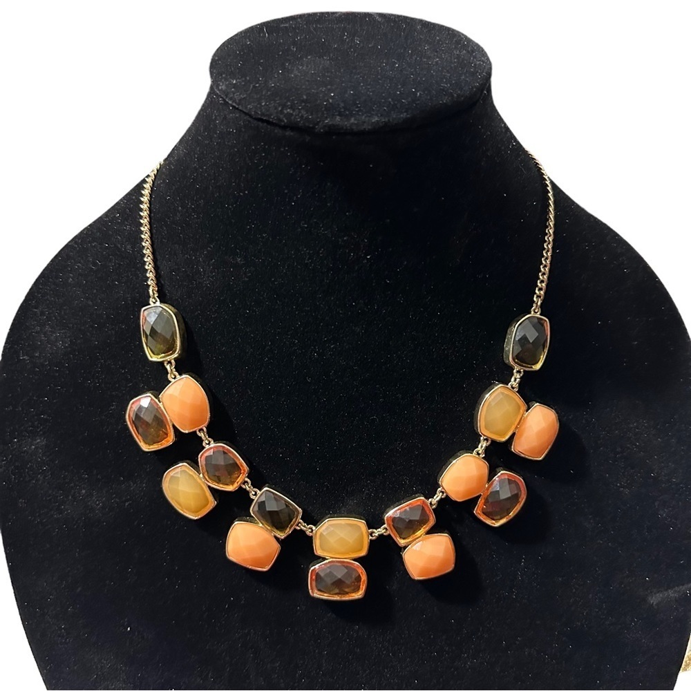 Baskin Brothers Gold Tone Chain & Brown & Orange Rhinestones 2-Tiered Necklace